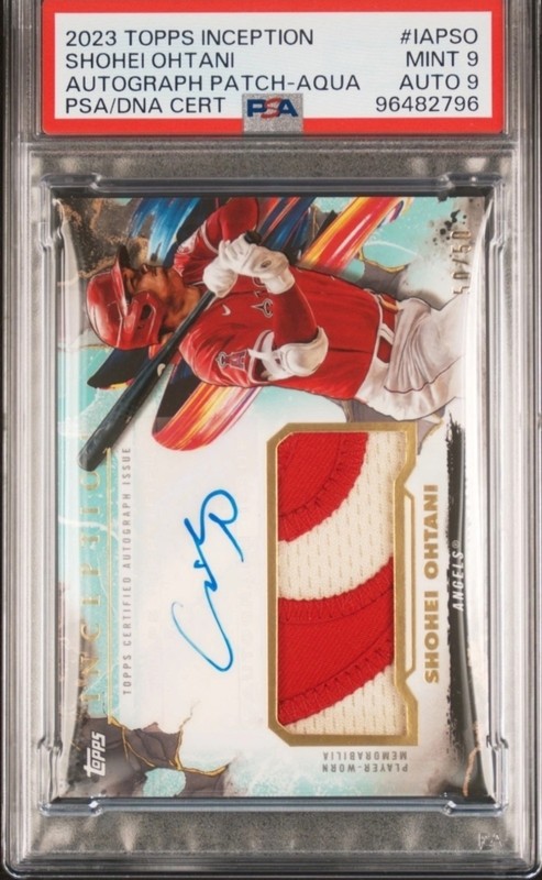 50/50 BOOKEND CHASE 2023 Topps Inception Shohei Ohtani Patch Auto Aqua PSA  view 2
