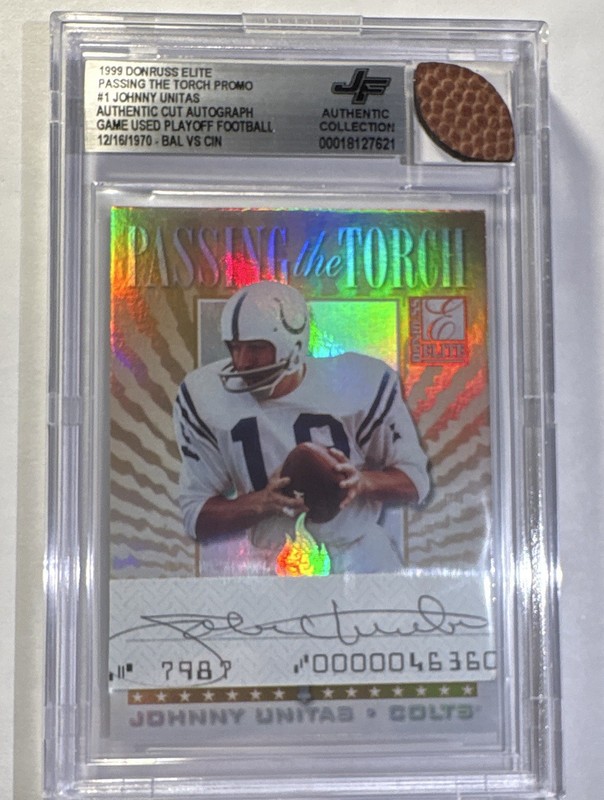 1999 Elite Johnny Unitas P Manning Cut AUTO Game Used Ball 1970 PROMO BGS AUTH 