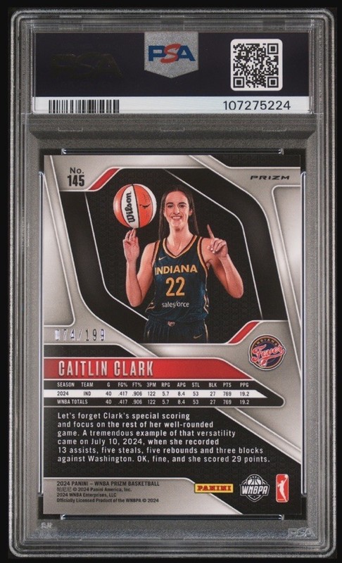 2024 Prizm WNBA 145 Caitlin Clark Rookie Card TRUE BLUE /199 COLOR MATCH! PSA 9 view 2