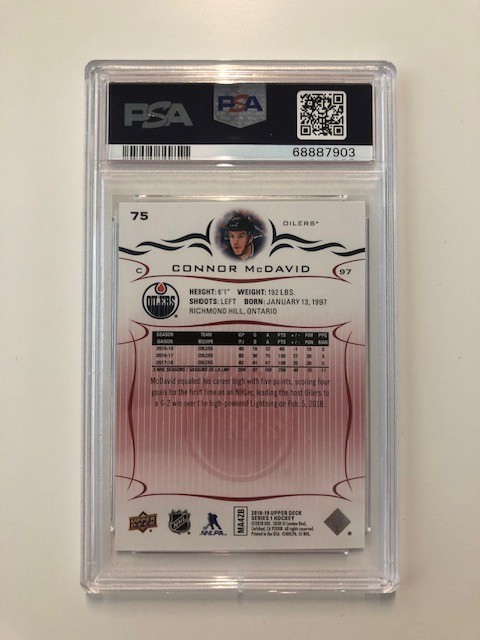 Connor McDavid 2018-19 Upper Deck #75 Exclusives /100 OILERS MVP PSA 9 view 2