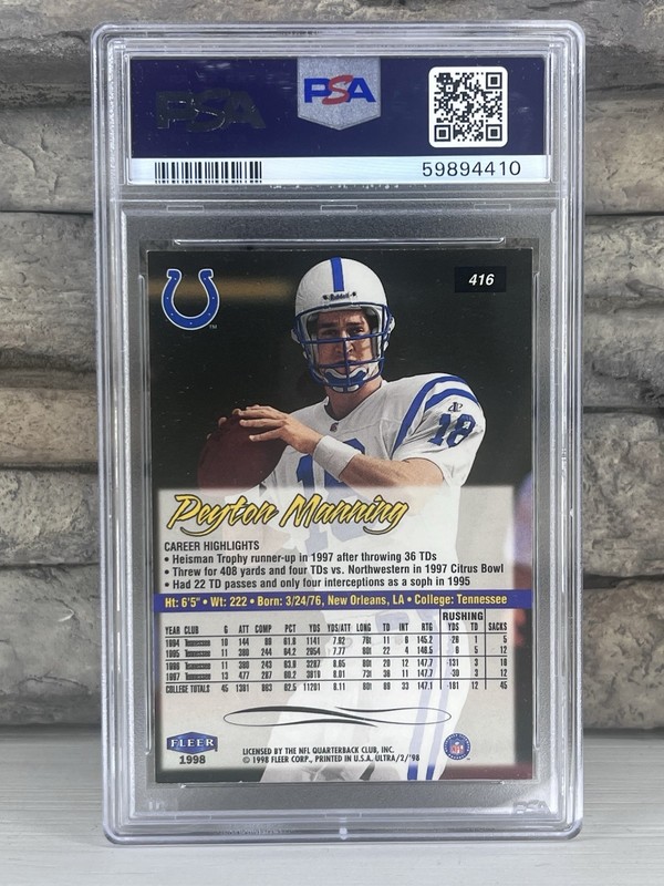1998 Ultra Peyton Manning #416 (RC) Rookie PSA 9 Mint Colts Broncos HOF view 2