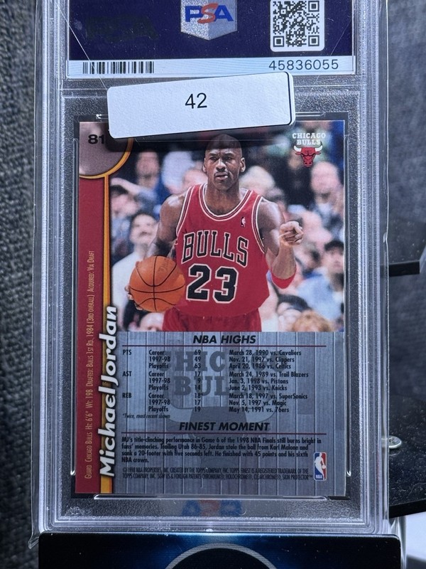 #1 1998 Topps Finest w/ Coating #81 Michael Jordan Chicago Bulls HOF PSA 8 NM-MT view 2