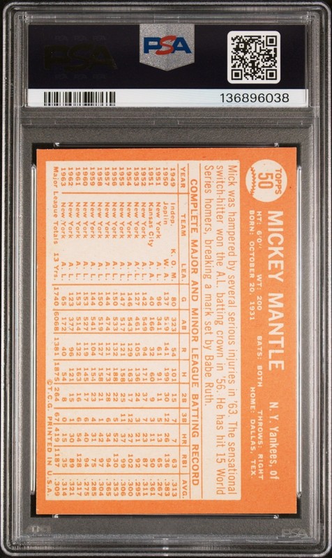 1964 Topps #50 Mickey Mantle PSA EX-MT 6 view 2