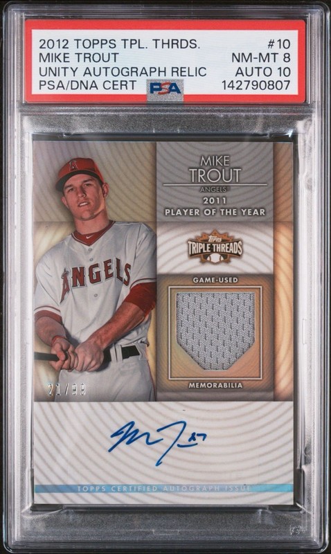MIKE TROUT 2012 TOPPS TRIPLE THREADS ROOKIE AUTO 10 PSA GAME USED PATCH /99