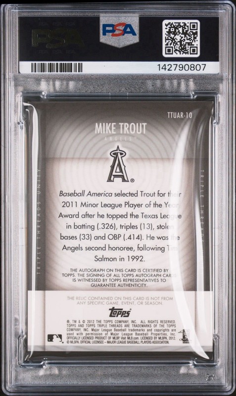 MIKE TROUT 2012 TOPPS TRIPLE THREADS ROOKIE AUTO 10 PSA GAME USED PATCH /99 view 2