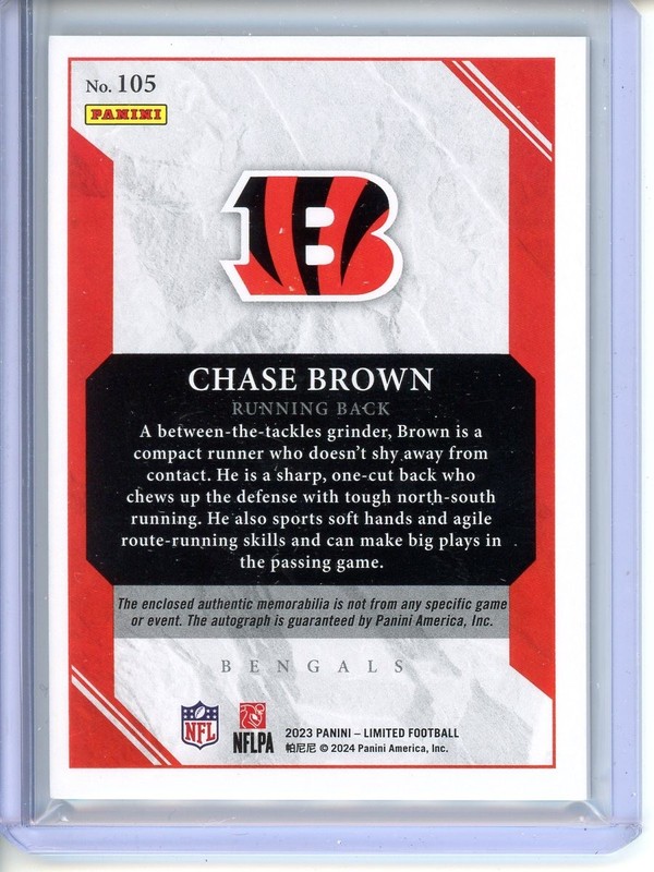 Chase Brown Ruby Spotlight Rookie Patch Auto RPA /49 2023 Panini Limited #105 view 2