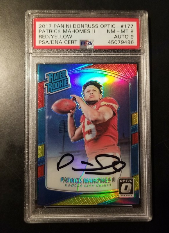 Patrick Mahomes 2017 Panini Donruss Optic Red Yellow Prizm RC PSA 8 AUTO 9 1/1