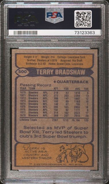 1979 Topps Terry Bradshaw Vintage Football Card #500 Pitt Steelers HOF  PSA 7 NM view 2