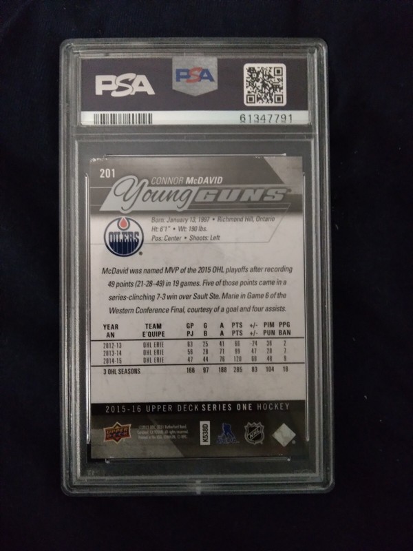 2015-16 Upper Deck Connor McDavid Rookie Young Guns #201 PSA 8 NM-MT view 2