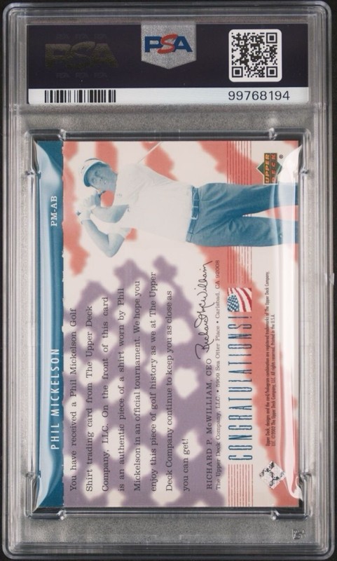 Phil Mickelson 2002 Upper Deck Golf Rookie Relic Auto PSA DNA Auto 10 RC RPA view 2