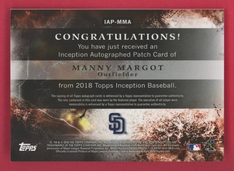 Manny Margot Patch Auto /75 Magenta 2018 Topps Inception Jersey Autograph view 2