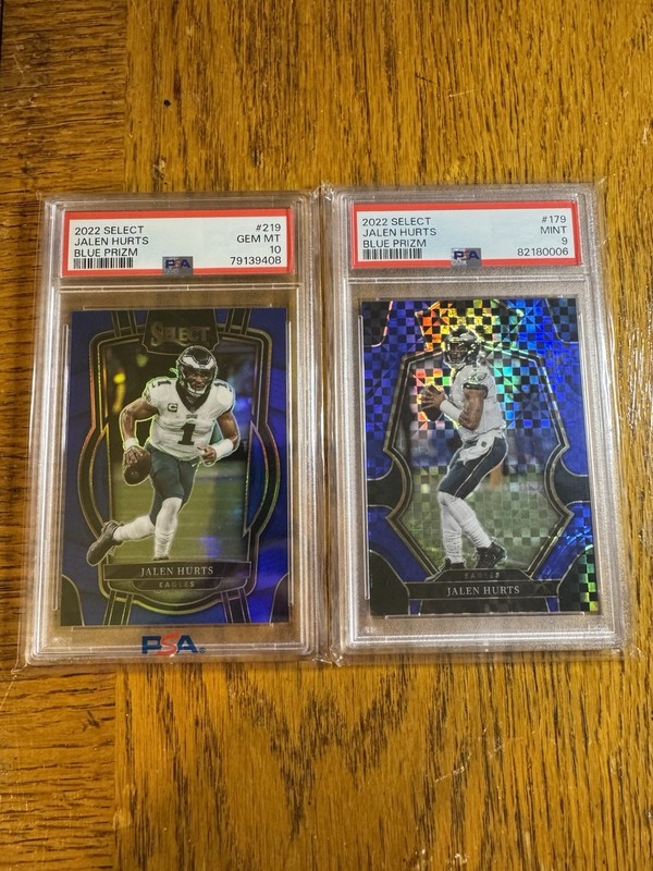 Jalen Hurts Select Blue Prizm Club Level PSA 10 /99 And Premier Level PSA 9 /149