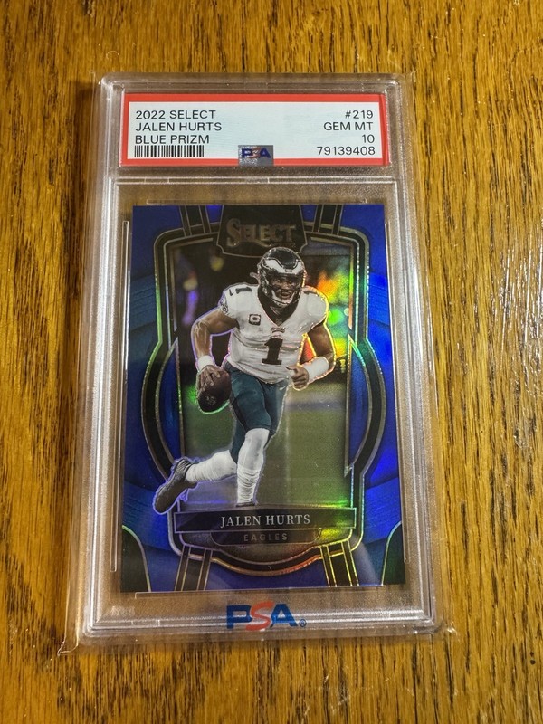 Jalen Hurts Select Blue Prizm Club Level PSA 10 /99 And Premier Level PSA 9 /149 view 2
