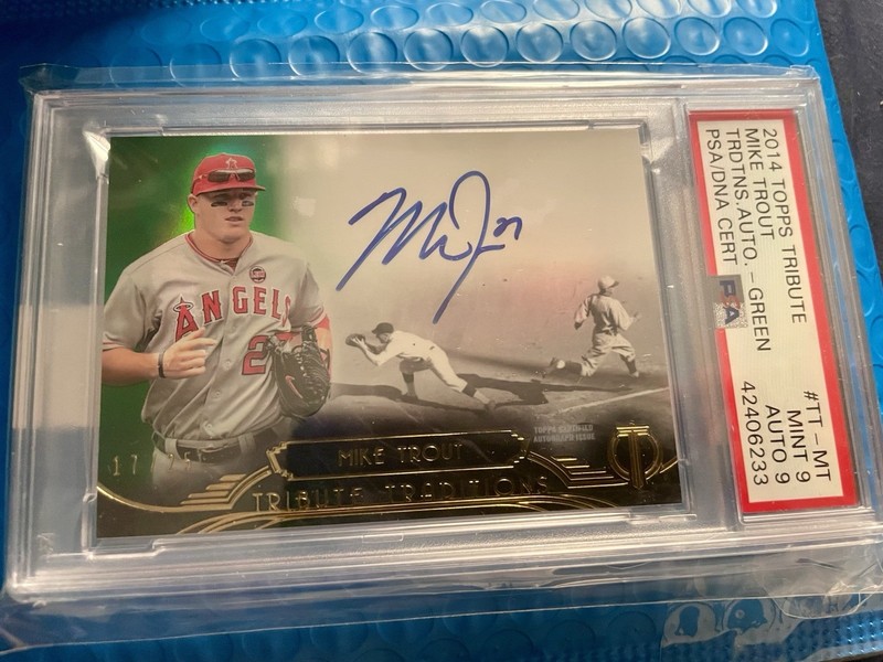 2014 MIKE TROUT TOPPS TRIBUTE TRADITIONS BOLD EARLY ON CARD AUTO PSA 9 #d/25 view 2
