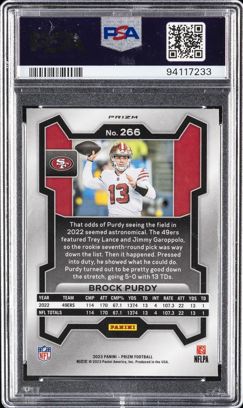 2023 PANINI PRIZM RED SPARKLE #266 BROCK PURDY PSA 10 view 2