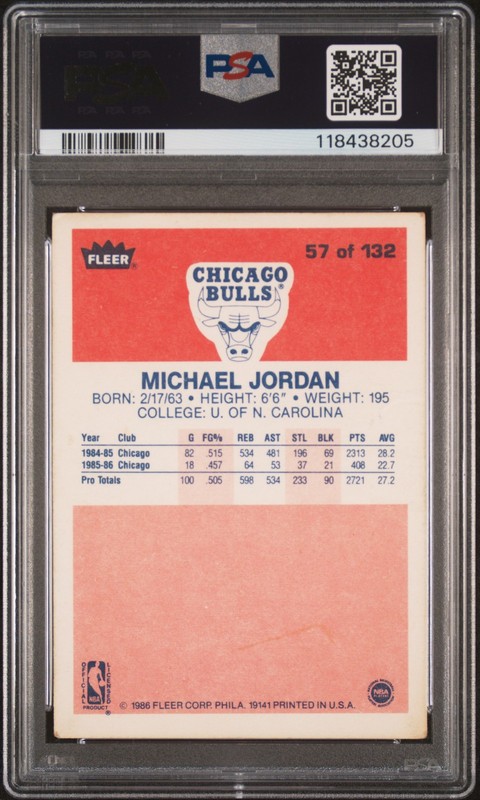 1986 FLEER #57 MICHAEL JORDAN ROOKIE RC PSA 1 view 2