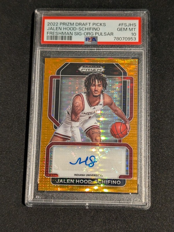 2022 Panini Prizm Draft Picks Orange Pulsar Auto /49 Jalen Hood-Schifino PSA 10