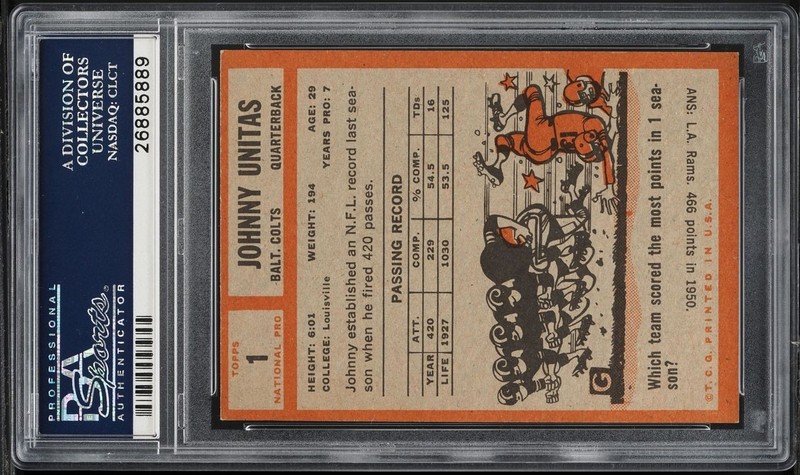 1962 Topps FB Card # 1 Johnny Unitas Baltimore Colts HOF PSA 6 EXMT view 2