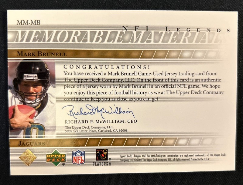 2001 Upper Deck Legends Mark Brunell Game Used Jersey Card Jacksonville view 2