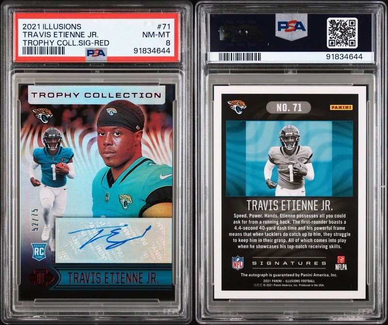 2021 Panini Illusions - Travis Etienne #71 Trophy Collection Red Sig /75 PSA 8