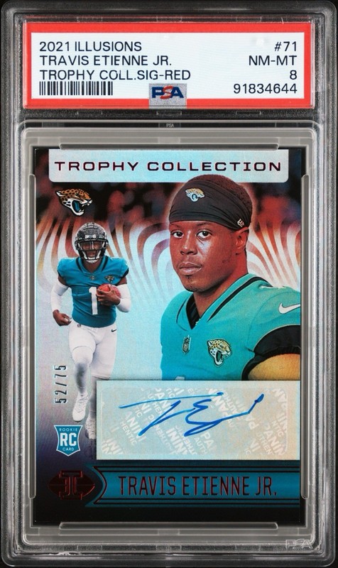 2021 Panini Illusions - Travis Etienne #71 Trophy Collection Red Sig /75 PSA 8 view 2