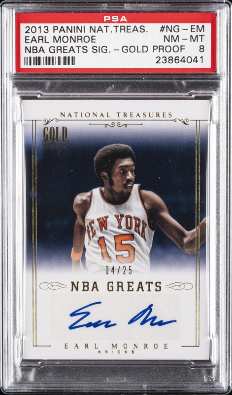 2013 NATIONAL TREASURES NBA GREATS SIG GOLD PROOF EARL MONROE #/25 PSA 8 AUTO