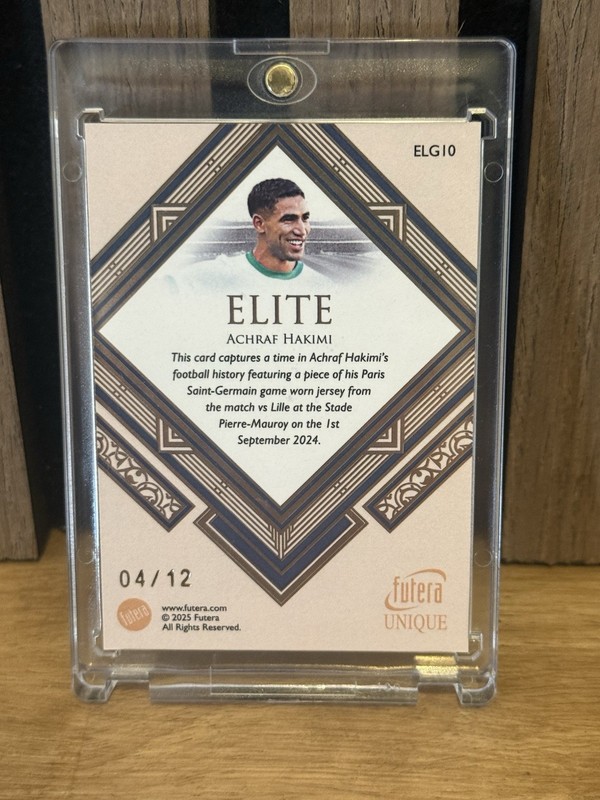 Achraf Hakimi Futera Elite 04/12 Game Used Patch 23ct Gold-Plated Frame PSG view 2