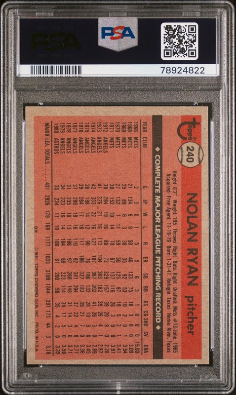 1981 TOPPS #240 NOLAN RYAN PSA 8 view 2
