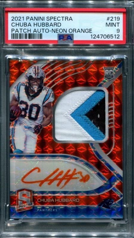 Chuba Hubbard -- PSA 9 -- 2021 Spectra -- Rookie Patvh Auto -- Neon Orange /15