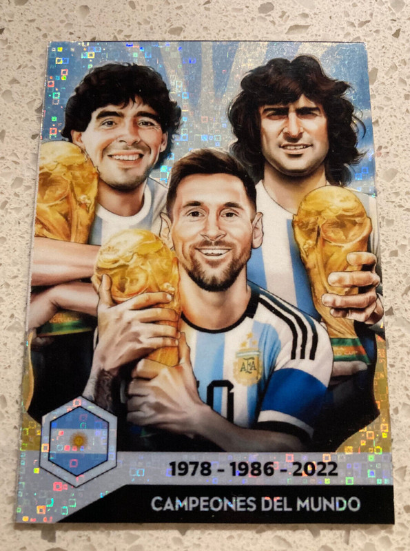 2022 Lionel Messi Maradona Kempes Card World Cup Argentina Campeones del Mundo