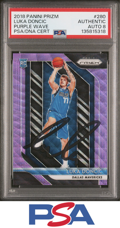 2018 Luka Doncic Auto Rookie Panini Purple Wave Prizm Signed RC Lakers PSA/DNA 8
