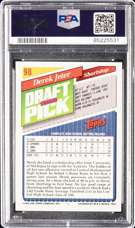 1993 TOPPS GOLD #98 DEREK JETER ROOKIE RC PSA 9 view 2