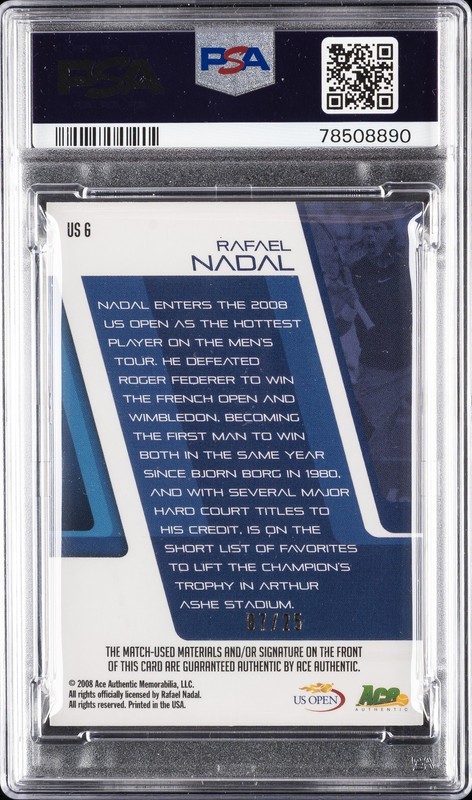 2009 ACE AUTHENTIC GAME,SET,MATCH INAUGURAL US OPEN #US6 RAFAEL NADAL 7/25 PSA 7 view 2