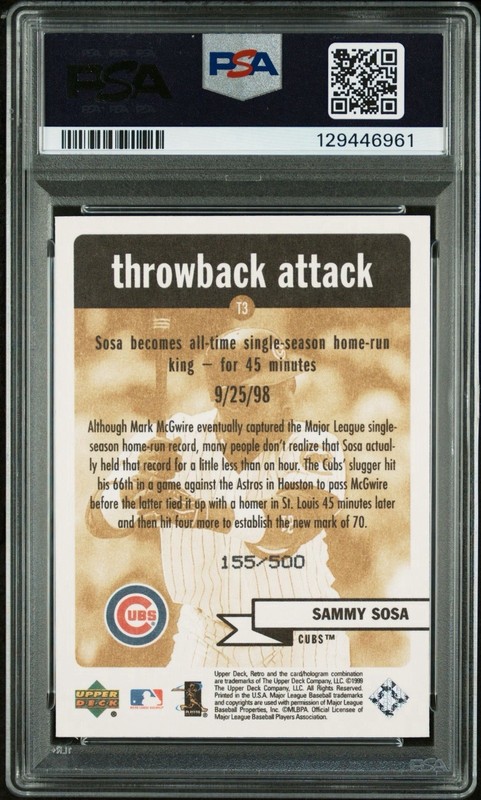 1999 UD Retro Sammy Sosa Autographed Throwback /500 PSA 10 Auto Authentic #T3 view 2