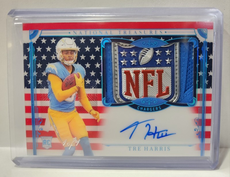 Tre Harris 1/1 2025 National Treasures FOTL Rookie Patch Auto Shield Chargers RC