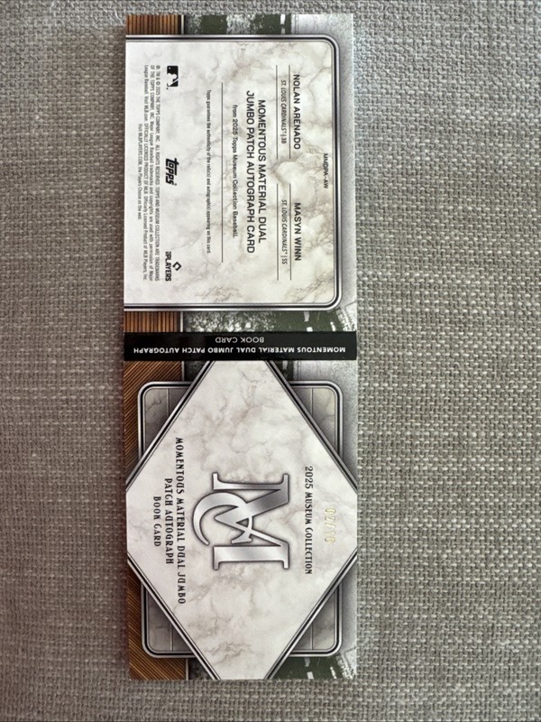 2025 Topps Museum Dual Jumbo Patch Auto Booklet Nolan Arenado/Masyn Winn /10 view 2