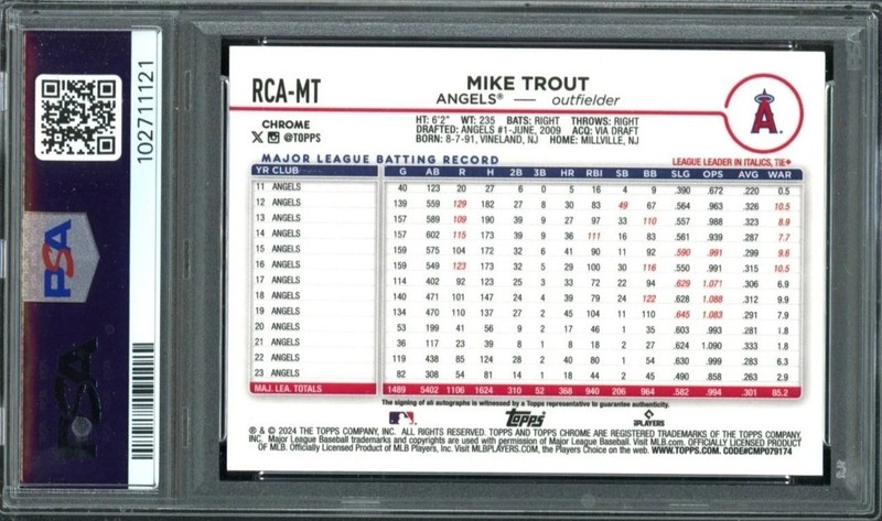 2024 Topps Chrome L/E MIKE TROUT #rcamt ANGELS Auto Autograph Mint POP 6 PSA 9 view 2