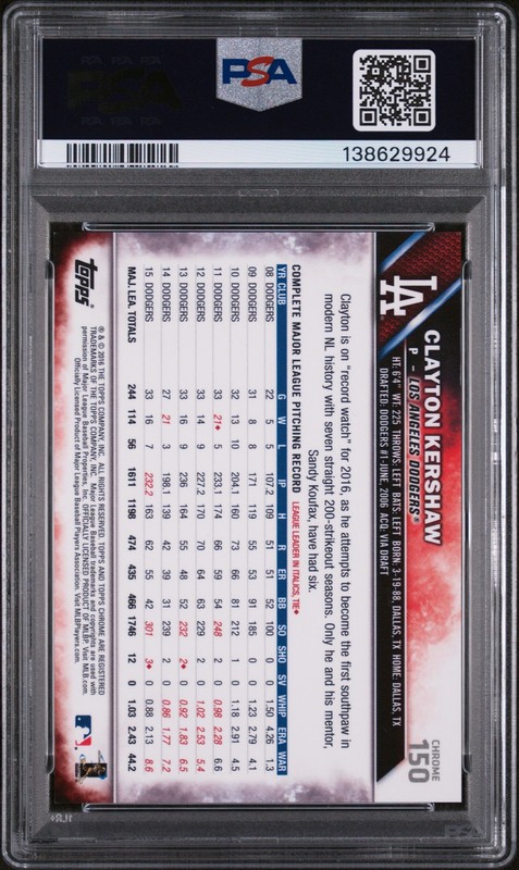 2016 TOPPS CHROME SAPPHIRE ED #150 CLAYTON KERSHAW PSA 9 view 2