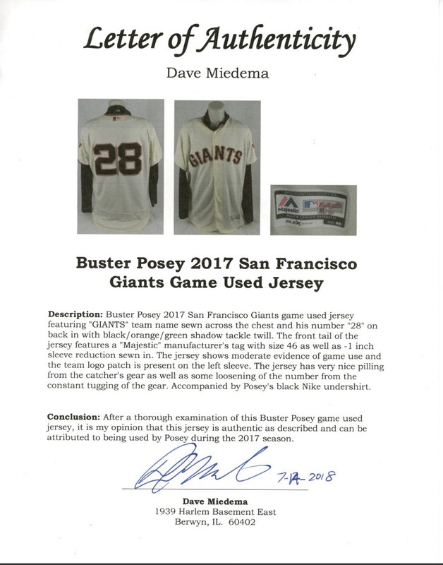 BUSTER POSEY SEPT. 30 2017 SAN FRANCISCO GIANTS GAME USED JERSEY CARD RC /50 view 2