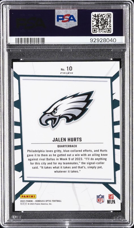 2023 PANINI DONRUSS OPTIC MY HOUSE! #10 JALEN HURTS PSA 10 view 2