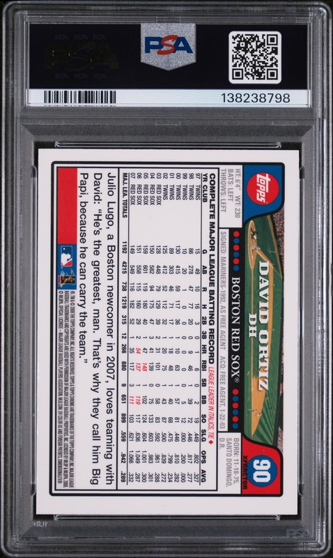2008 TOPPS CHROME XFRACTOR #90 DAVID ORTIZ PSA 8 view 2