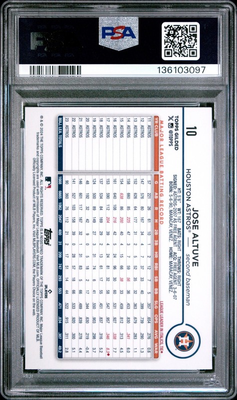 2024 TOPPS GILDED COLL GOLD WAVE #10 JOSE ALTUVE 22/75 PSA 9 view 2