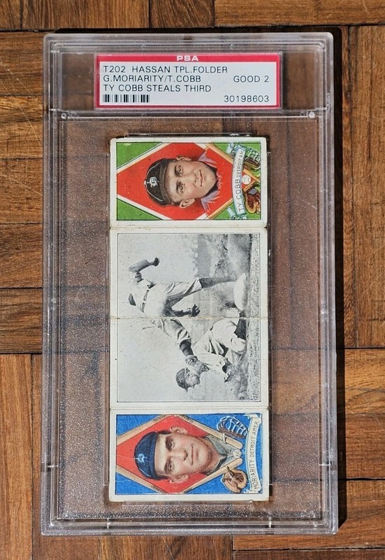 1912 T202 Hassan Triple Folder Ty Cobb Steals Third Cobb/Moriarity PSA 2 Iconic 
