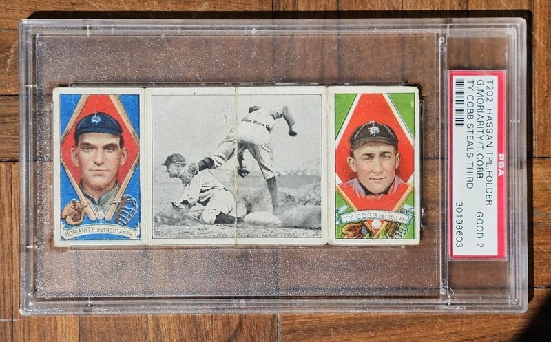 1912 T202 Hassan Triple Folder Ty Cobb Steals Third Cobb/Moriarity PSA 2 Iconic view 2