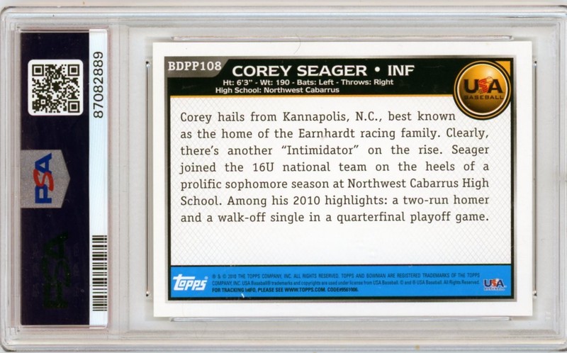 2010 Bowman Draft Picks & Prospects COREY SEAGER Rangers ROOKIE #108 PSA 9 MINT view 2