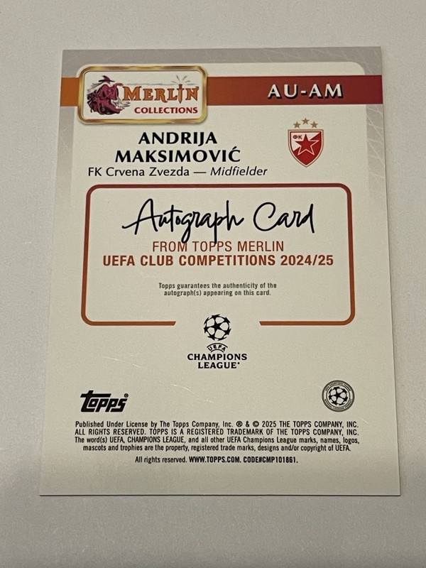 2024-25 Topps Merlin UCC Andrija Maksimovic Auto Refactor RC #AU-AM QTY view 2