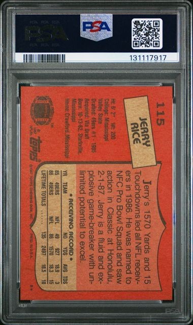 1987 Topps #115 Jerry Rice Card PSA 10 HOF San Francisco 49ers GOAT view 2