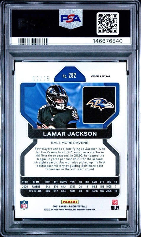 Lamar Jackson - 2021 Panini Prizm 282 Navy Camo 02/25 SSP PSA 10 view 2