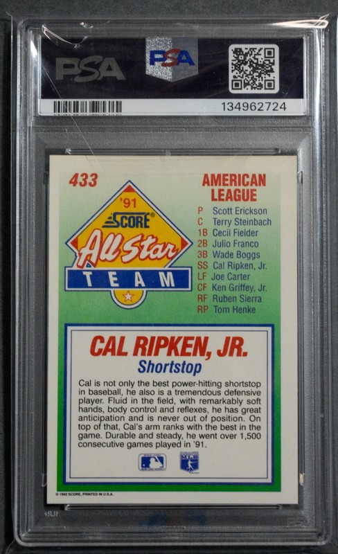 1992 Score #433 Cal Ripken Jr PSA 9 Mint HOF view 2
