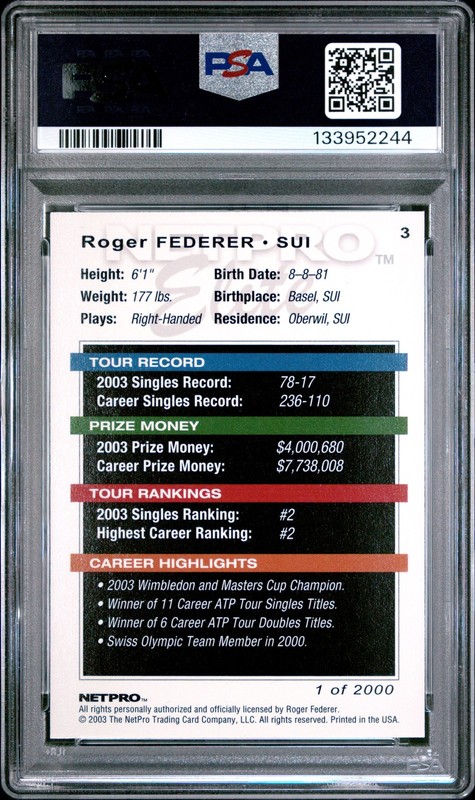 2003 NETPRO ELITE 2000 #3 ROGER FEDERER ROOKIE RC PSA 10 view 2